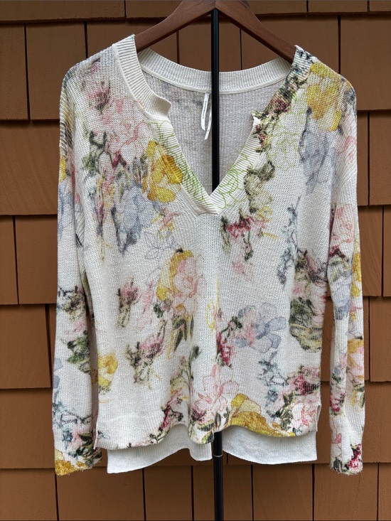 Anthropologie Tops - By ANTHROPOLOGIE | Cream Floral Linen Blend Cottagecore V Neck Sweater | Size XS